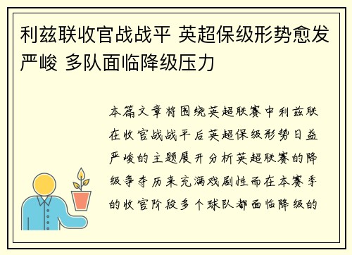 利兹联收官战战平 英超保级形势愈发严峻 多队面临降级压力