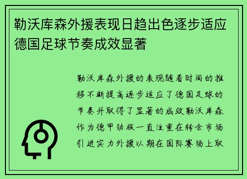 勒沃库森外援表现日趋出色逐步适应德国足球节奏成效显著