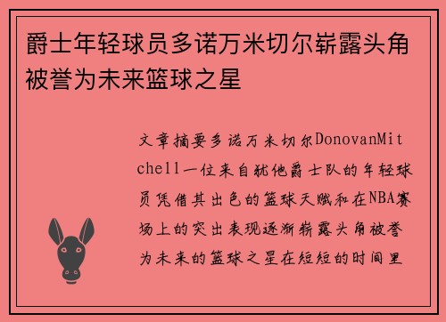 爵士年轻球员多诺万米切尔崭露头角被誉为未来篮球之星
